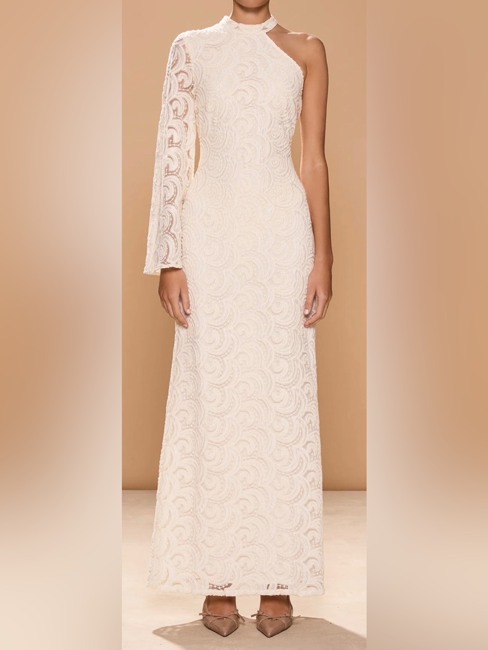 NEW Sonya Moda Salwa One-Shoulder Lace Gown Cream sz M